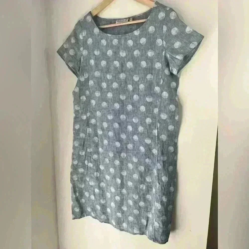 Habitat Women’s 100% Linen Blue Pull Over Polka Dot Travel Coastal Midi Dress XS - Picture 10 of 14